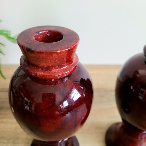 Set of 2 marble dark red burgundy color candleholders. Made in Italy. - Picture 9 of 9